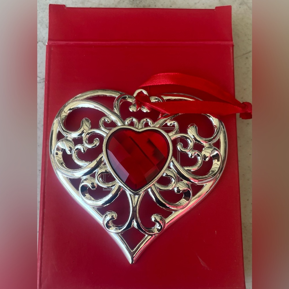 Lenox Silver Heart Ornament with Red Gem